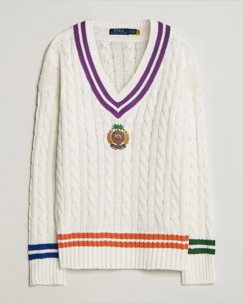 Ralph Lauren Cotton Linen Blend Sweater Cream Combo Weiß