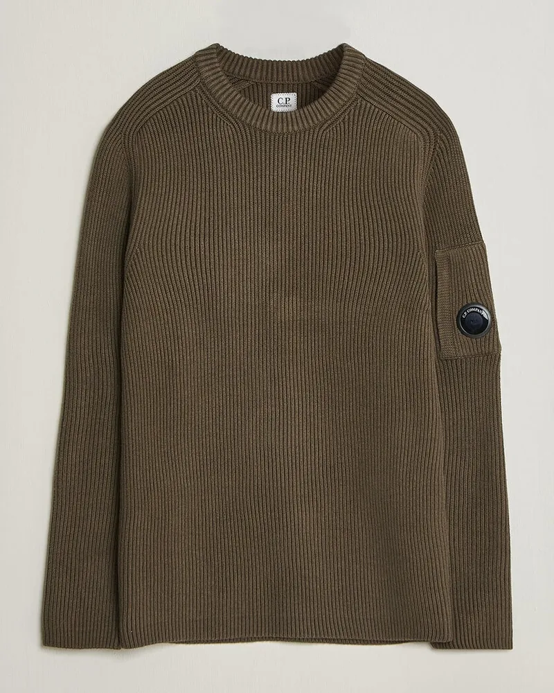 C.P. Company Full Rib Knitted Cotton Crew Neck Dark Green Grün