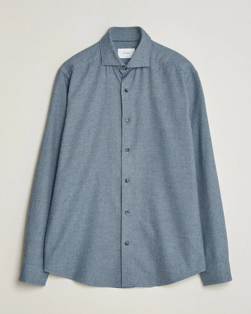 Eton Casual Fit Houndstooth Flannel Shirt Mid Blue Blau