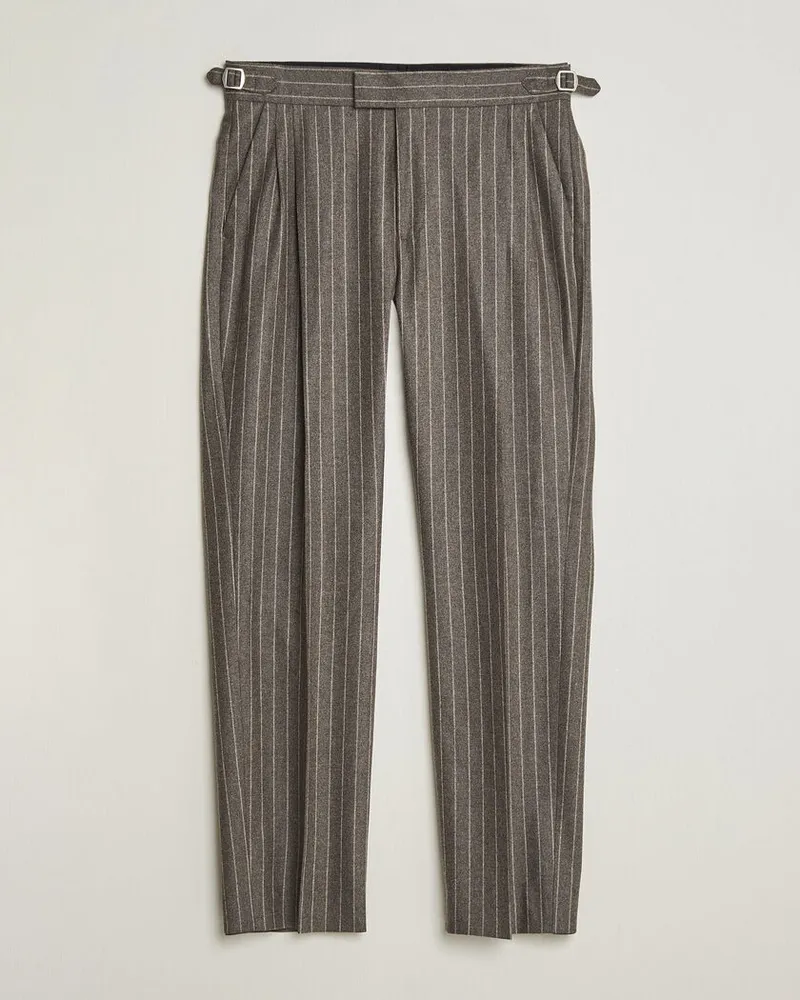 Tiger of Sweden Theo Wool Pleated Pinstriped Trousers Grey Brown Braun