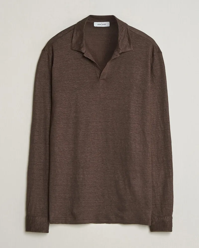 Gran Sasso Washed Linen Long Sleeve Polo Brown Melange Braun