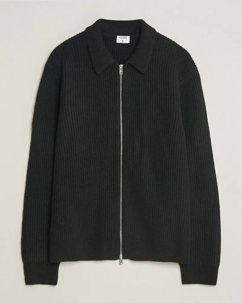 Filippa K Ribbed Wool Knitted Full Zip Black Schwarz