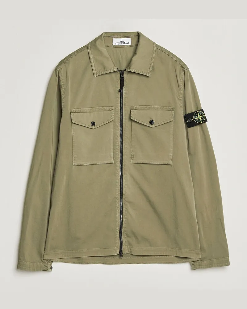 Stone Island Organic Cotton Satin Stretch Zip Overshirt Miltary Green Grün