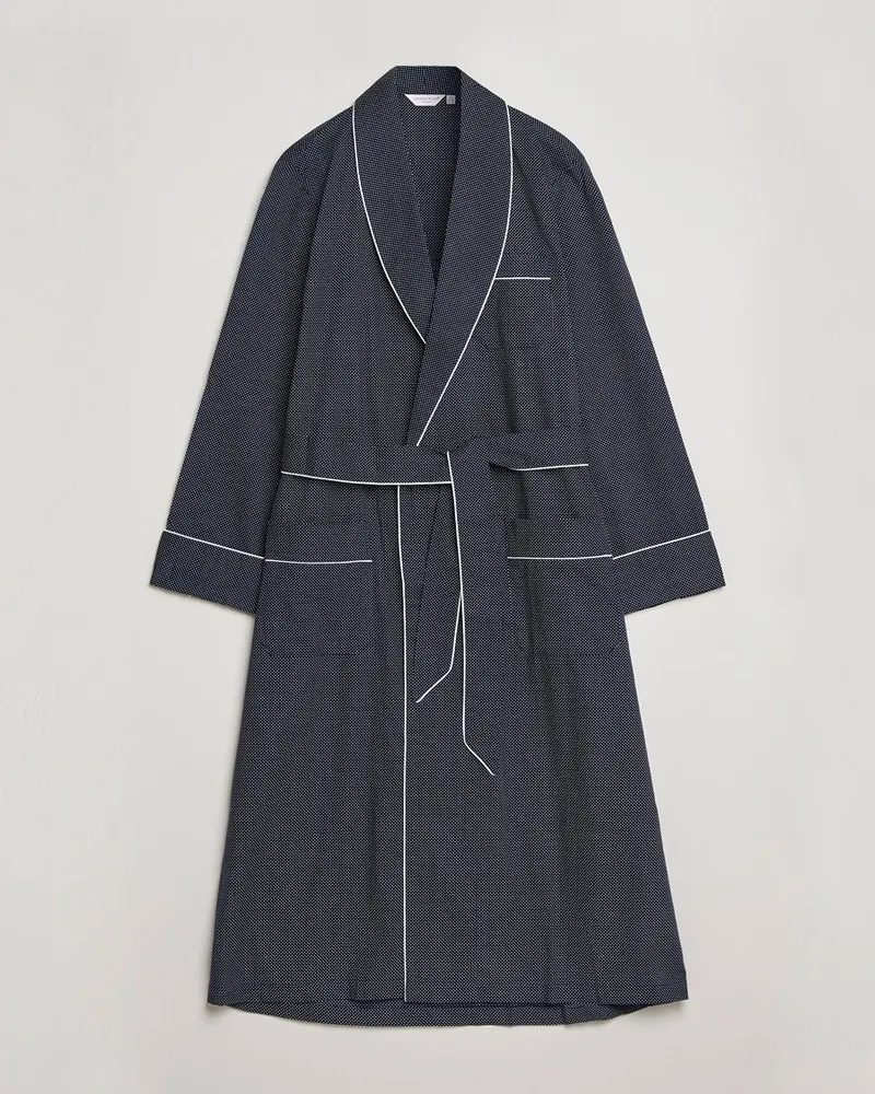 Derek Rose Polka Dot Cotton Satin Dressing Gown Navy Blau