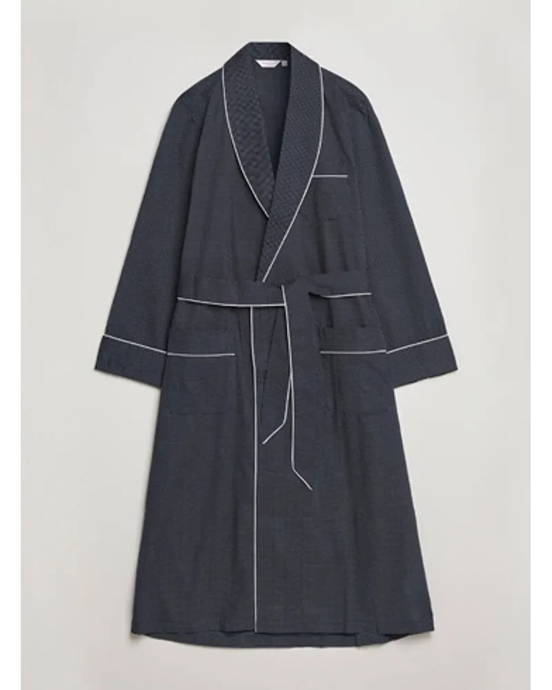 Derek Rose Polka Dot Baumwoll Satin Dressing Gown Navy Blau