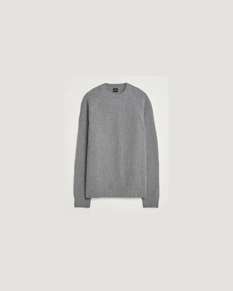 HUGO BOSS BOSS ORANGE Klacier Ribbed Wool Knitted Sweater Open Grey Grau