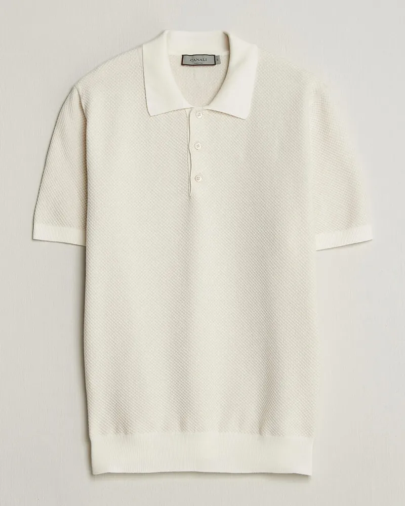Canali Textured Knit Short Sleeve Polo Off White Weiß