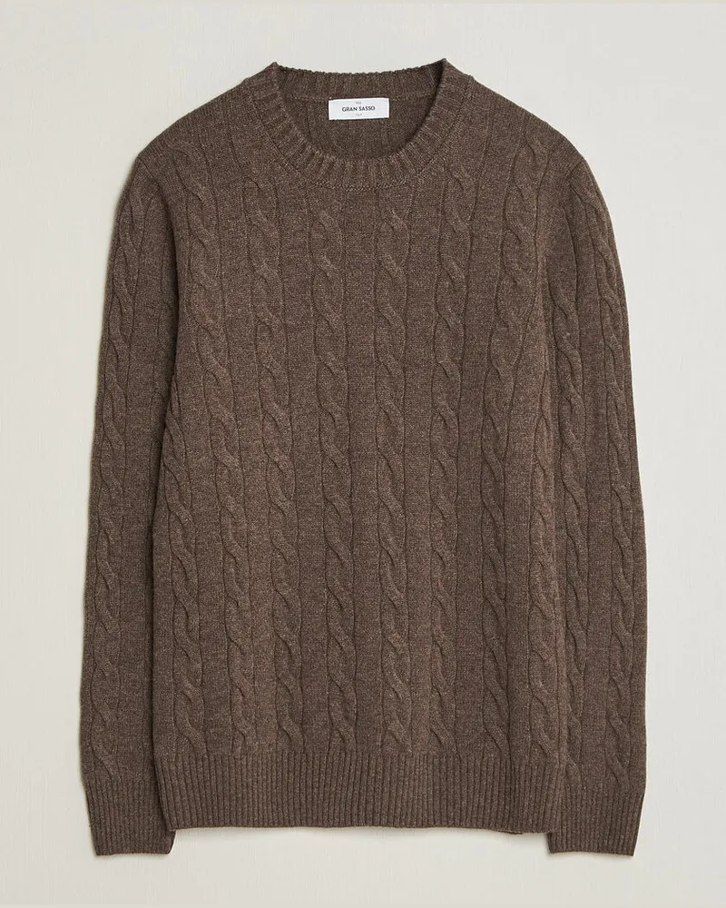 Gran Sasso Wool/Cashmere Cable Crew Neck Dark Brown Melange Braun