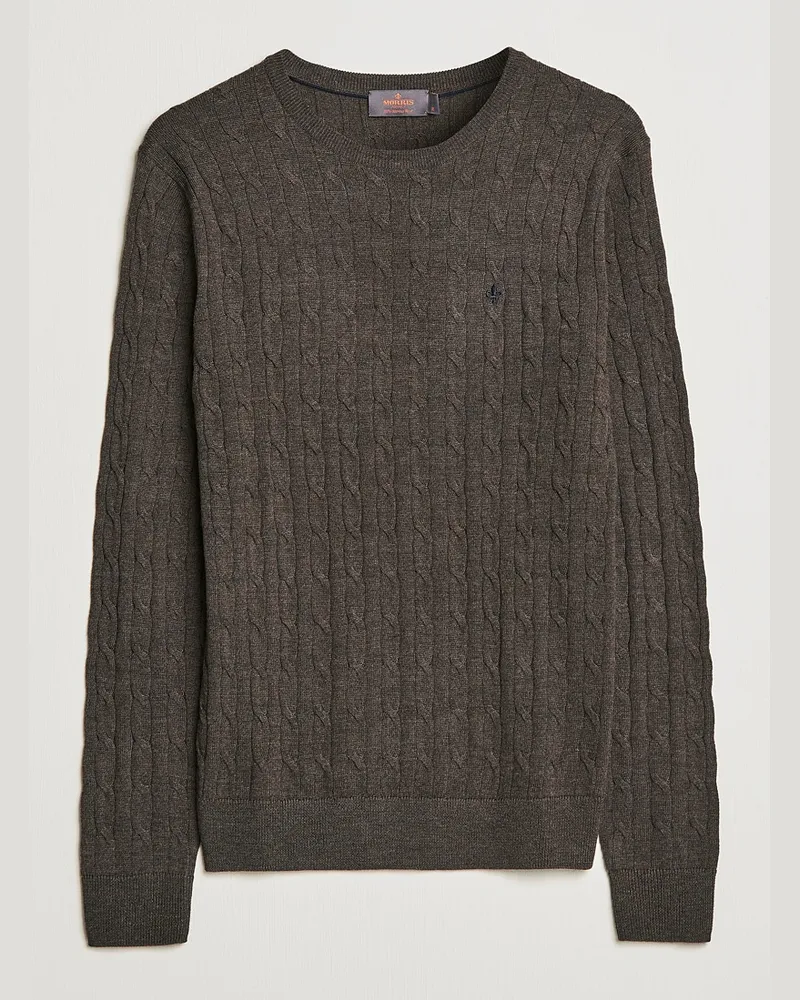 Morris Merino Cable Crew Neck Dark Brown Braun
