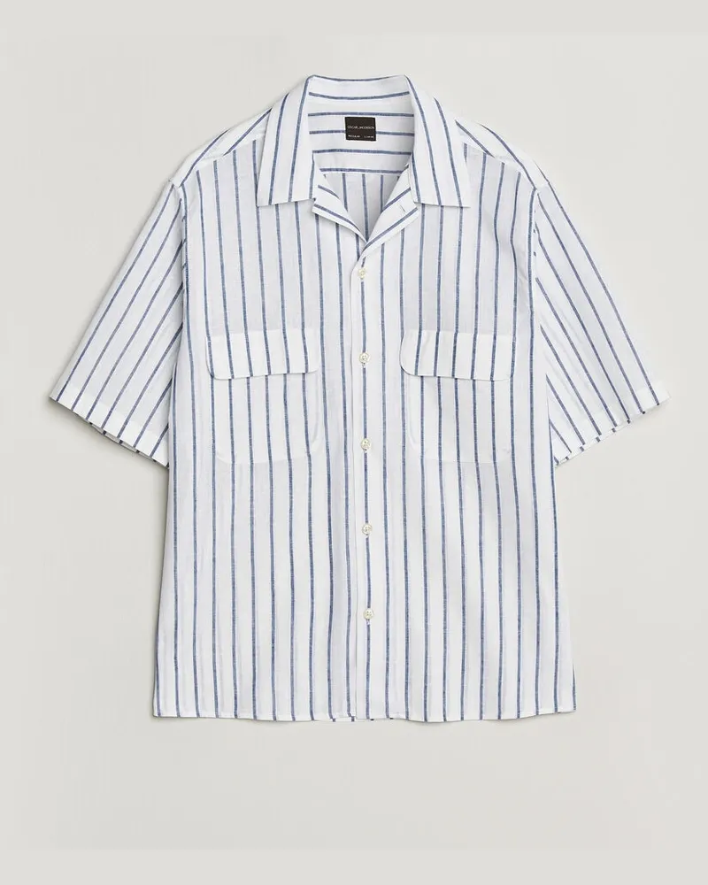 Oscar Jacobson Striped Short Sleeve Linen Shirt Navy/White Weiß