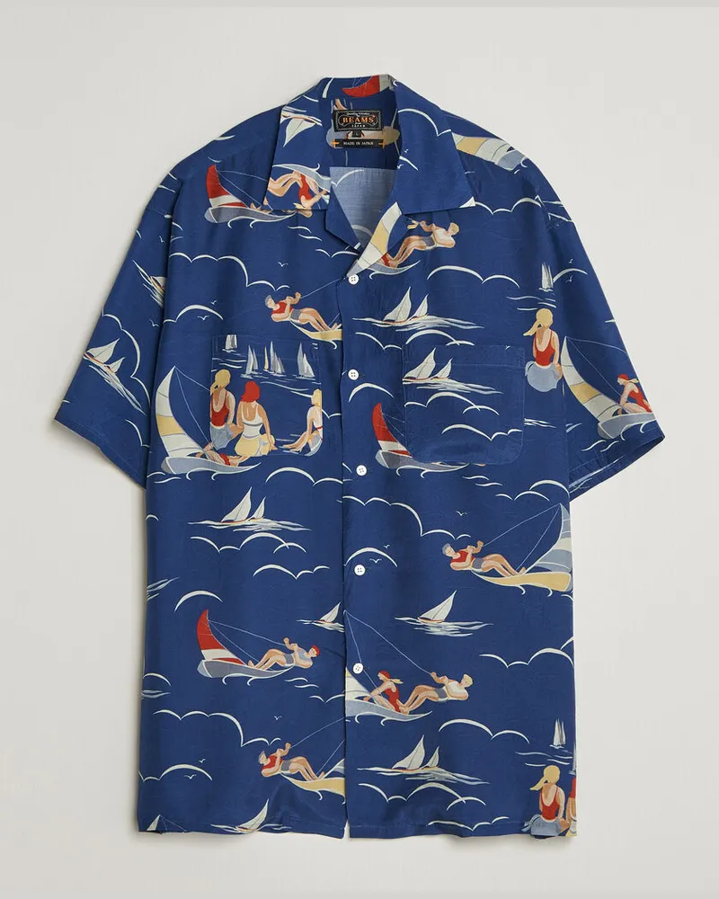Beams Plus Holiday Print Camp Shirt Navy Blau
