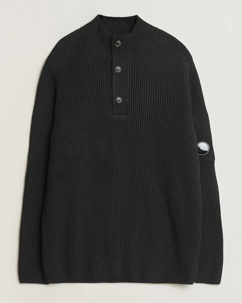 C.P. Company Full Rib Knitted Cotton Half Button Black Schwarz