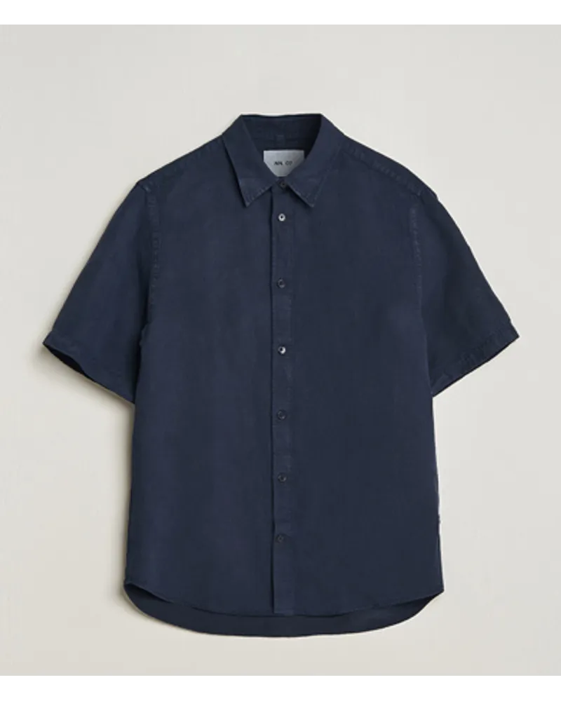 NN 07 Arne Tencel/Leinen Kurzarm Shirt Navy Blue Blau