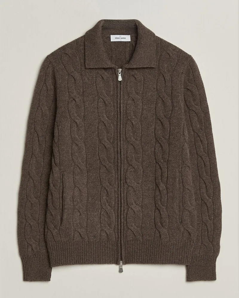 Gran Sasso Wool/Cashmere Cable Full Zip Dark Brown Melange Braun