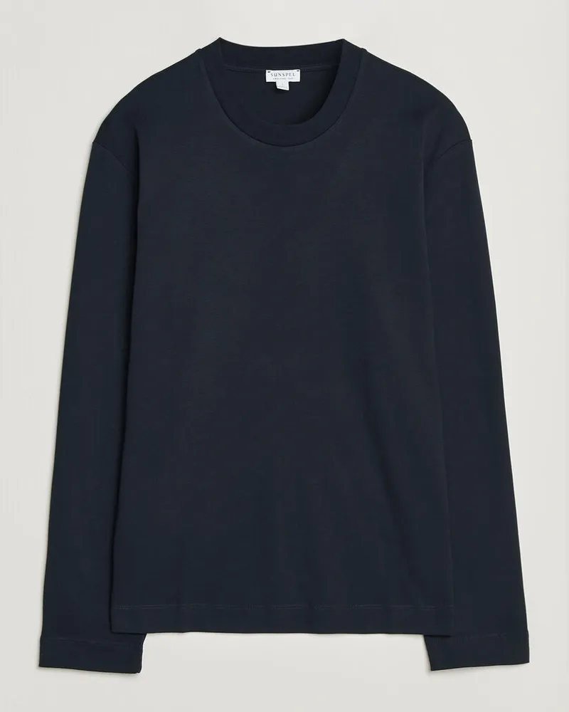 Sunspel Heavy Weight Supima Cotton Long Sleeve T-Shirt Navy Blau