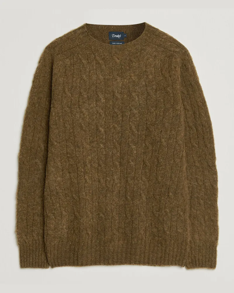 Drake's Drake Brushed Shetland Cable Crew Moorland Olive Grün