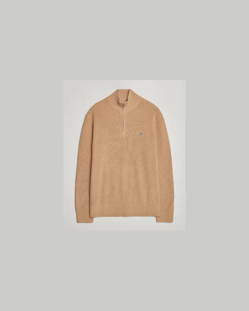 Gant Cotton/Merino Ribbed Half Zip Khaki Melange Beige