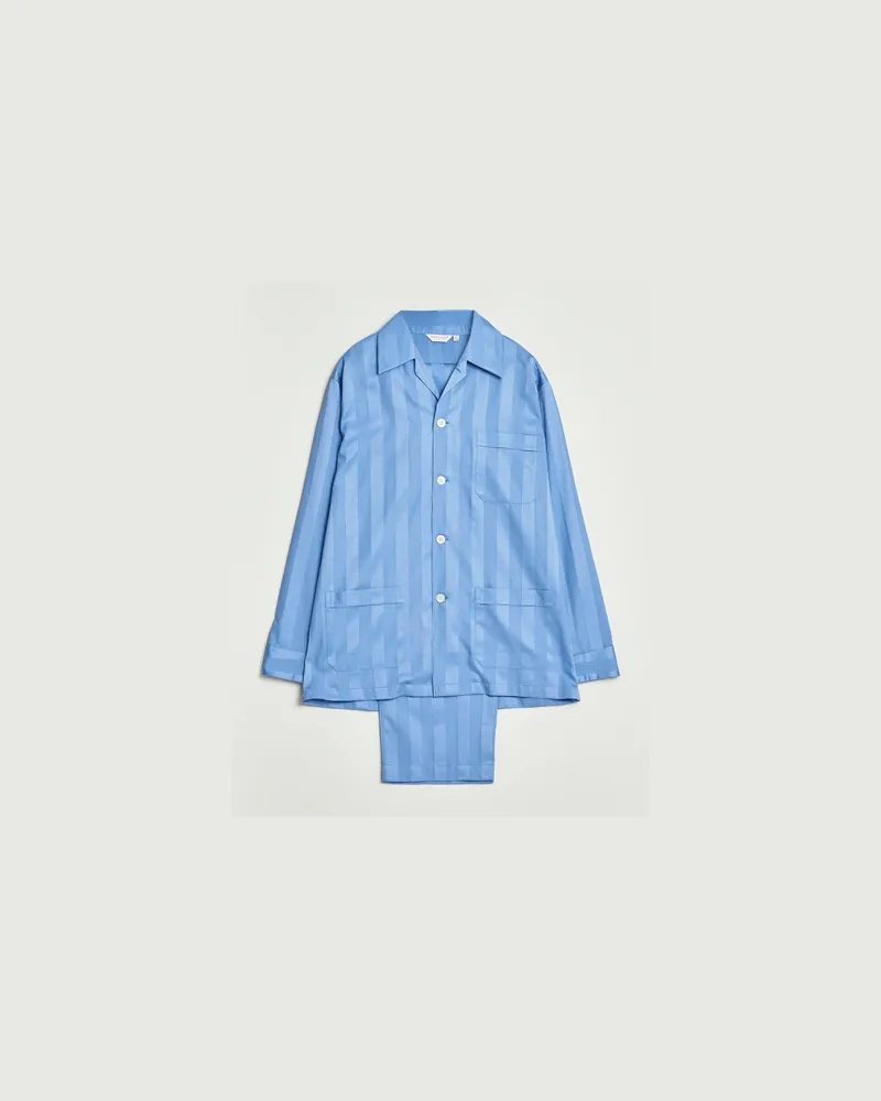 Derek Rose Striped Cotton Satin Pyjama Set French Blue Blau
