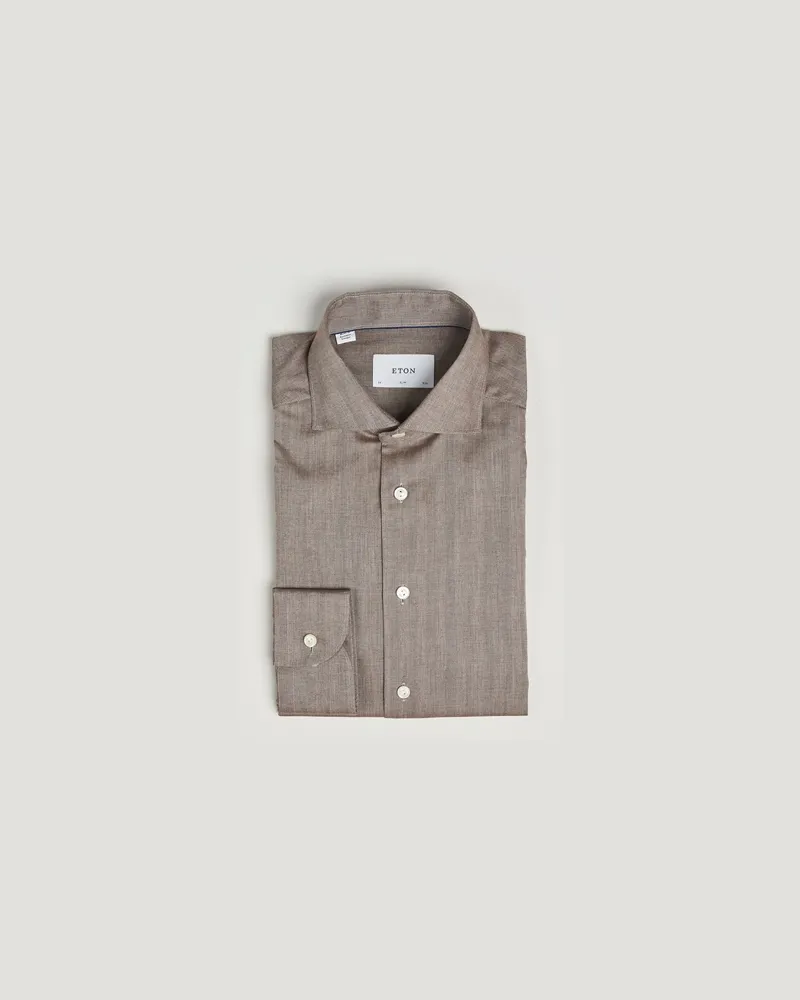 Eton Slim Fit Wrinkle Free Flannel Shirt Dark Beige Beige