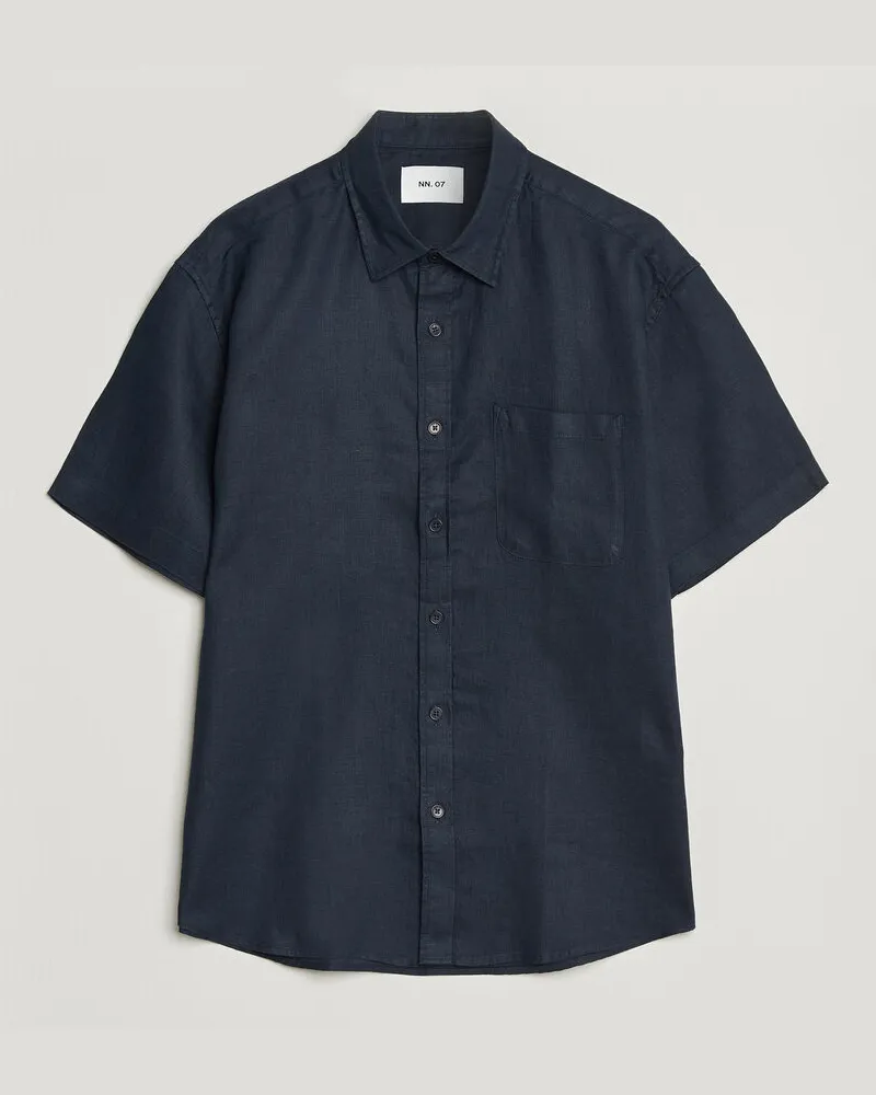 NN 07 Deon Linen Short Sleeve Shirt Navy Blue Blau