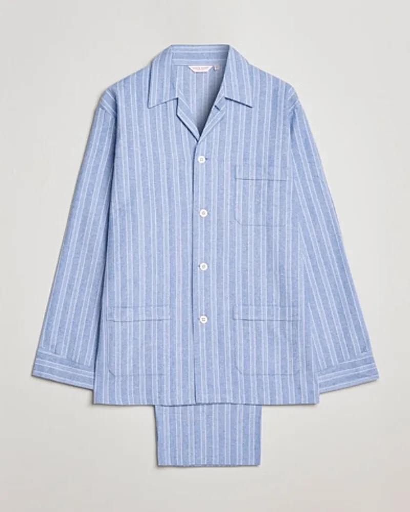 Derek Rose Brushed Baumwoll Flannel Striped Pyjama Set Blue Blau