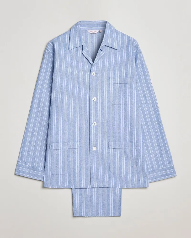Derek Rose Brushed Cotton Flannel Striped Pyjama Set Blue Blau