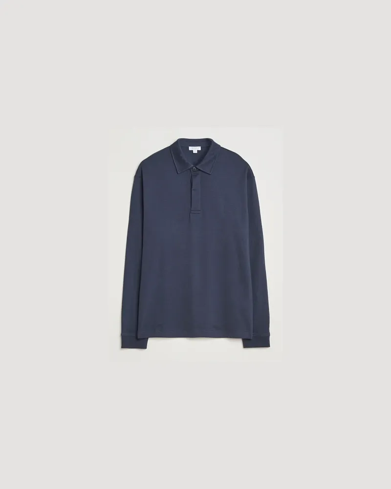 Sunspel Heavy Weight Supima Cotton Long Sleeve Polo Navy Blau