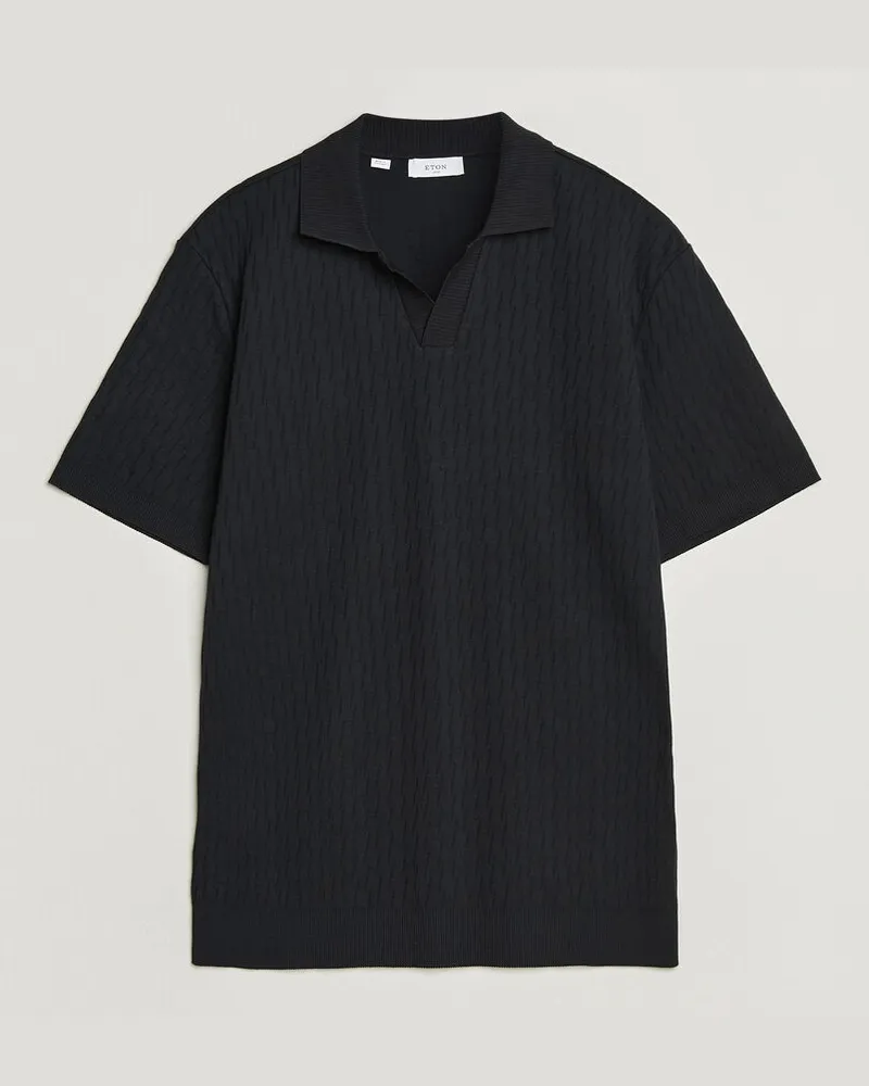 Eton Open Collar Jacquard Polo Black Schwarz
