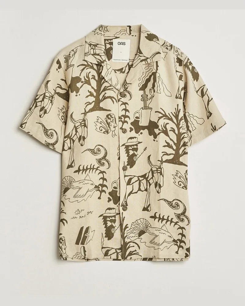 OAS Cuba Short Sleeve Printed Linen Shirt Poplan Beige