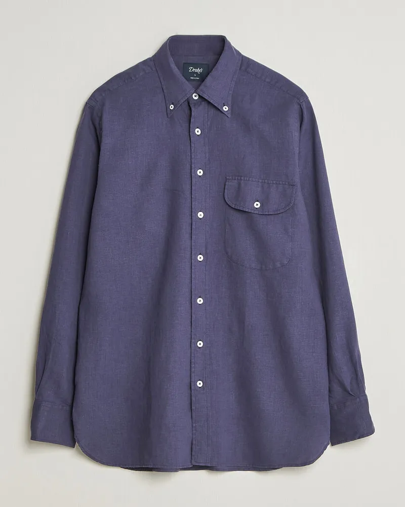 Drake's Drake Linen Button Down Curved Pocket Shirt Navy Blau