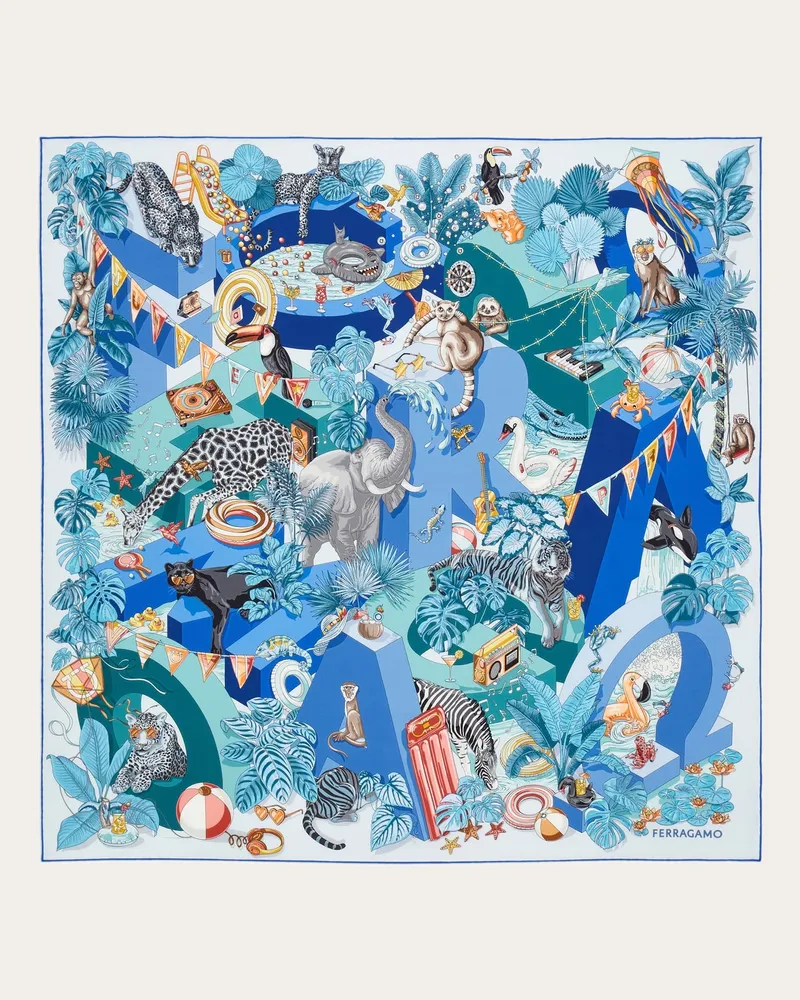 Ferragamo Damen Seidenhalstuch mit Jungle-Party-Print Blau Blau