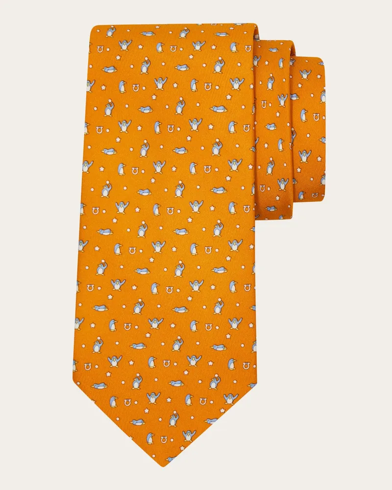 Ferragamo Herren Seidenkrawatte mit Pinguin-Print Orange Orange