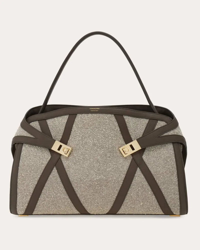 Ferragamo Damen Zweifarbige Schultertasche Hug Soft mit Lederbesätzen (L) Beige Beige