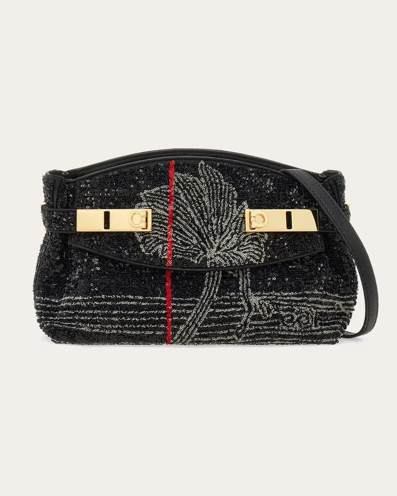 Ferragamo Damen Hug Umhängetasche Soft mit Pailletten (XS) Schwarz Schwarz