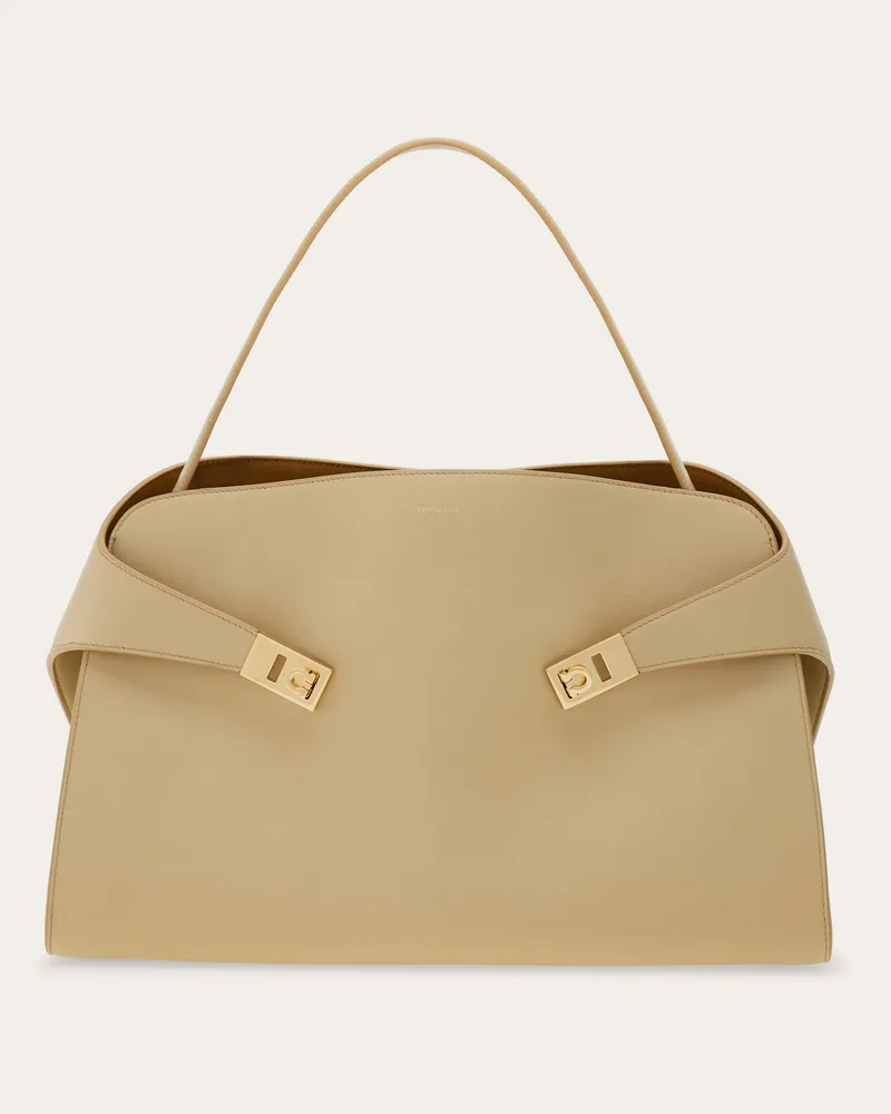 Ferragamo Damen Zweifarbige Schultertasche Hug Soft (L) Beige Braun