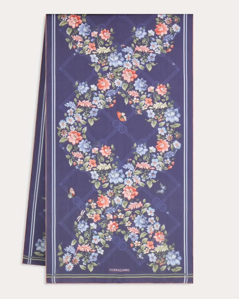 Ferragamo Damen Seidenschal mit Ramage-Print Blau Blau