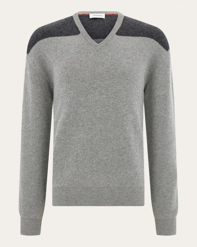 Ferragamo Herren Zweifarbiger Pullover mit V-Ausschnitt Grau Grau