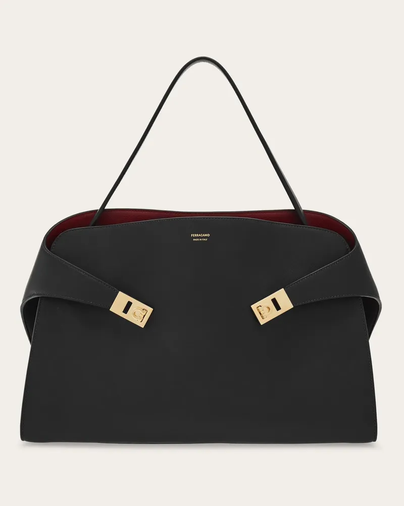 Ferragamo Damen Zweifarbige Schultertasche Hug Soft (L) Schwarz Schwarz