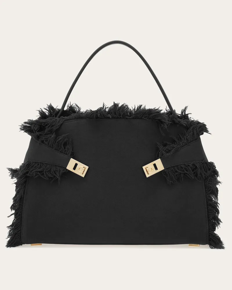 Ferragamo Damen Schultertasche Hug Soft mit Fransen (L) Schwarz Schwarz