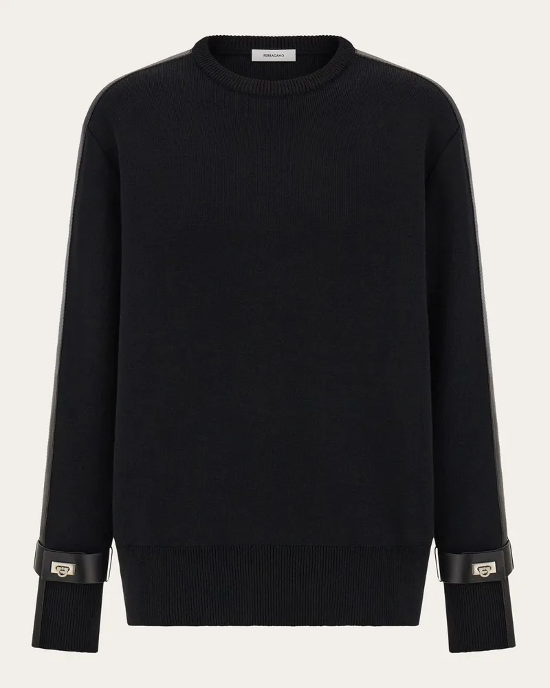Ferragamo Damen Pullover mit Ledereinsätzen Schwarz Schwarz