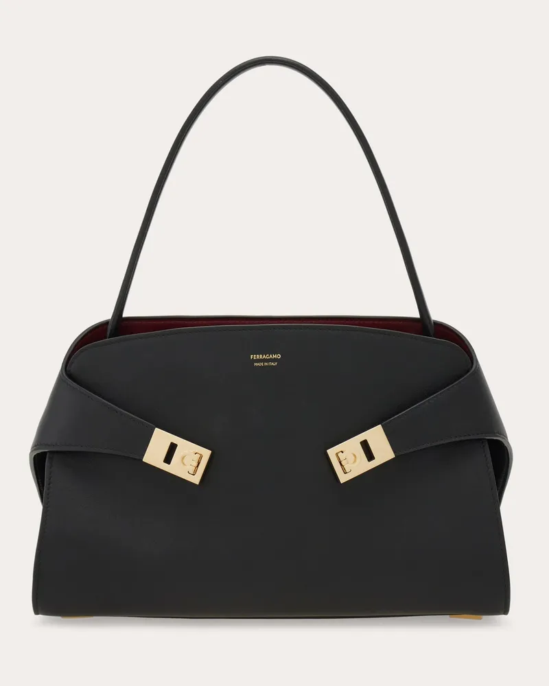 Ferragamo Damen Zweifarbige Schultertasche Hug Soft (M) Schwarz Schwarz