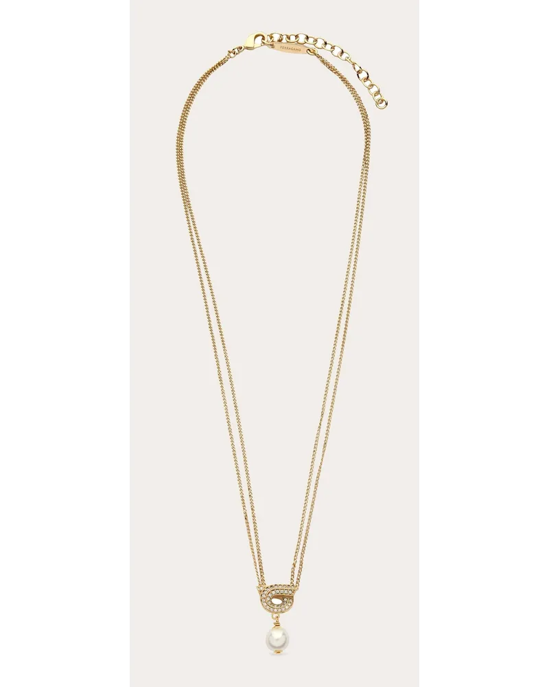 Ferragamo Damen Kette mit Gancini-Anhänger mit Perle und Kristallen Gold Gold