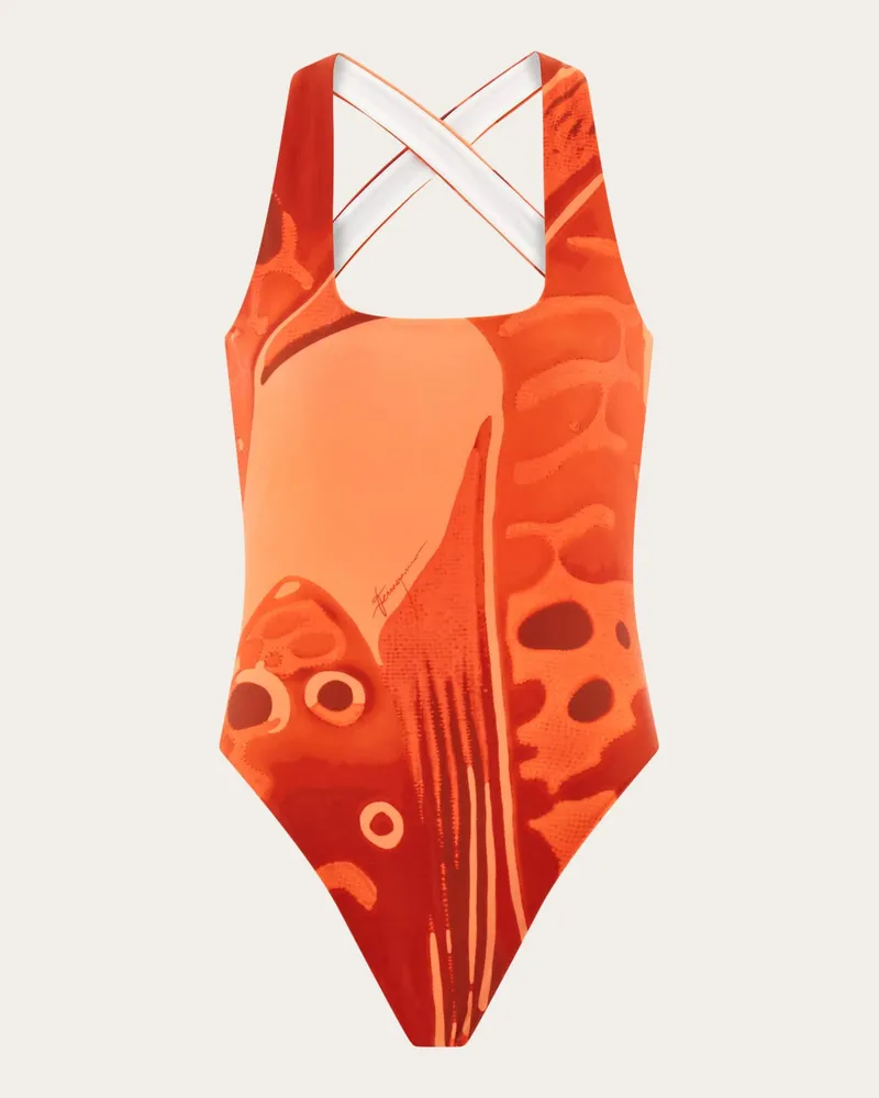 Ferragamo Damen Badeanzug mit Fish-Print Rot Rot