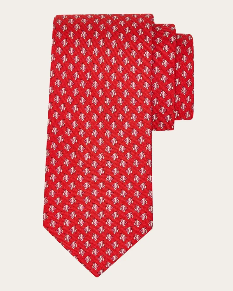 Ferragamo Herren Seidenkrawatte mit Fischchen-Print Rot Rot