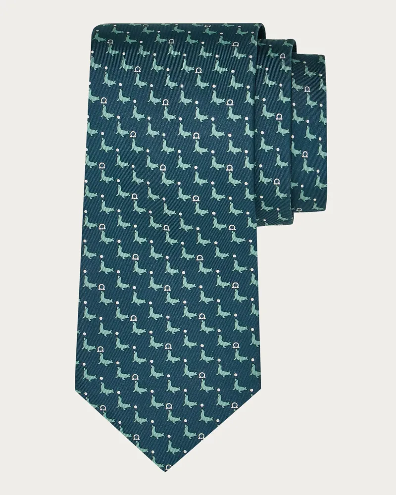 Ferragamo Herren Seidenkrawatte mit Robben-Print Grün Grün
