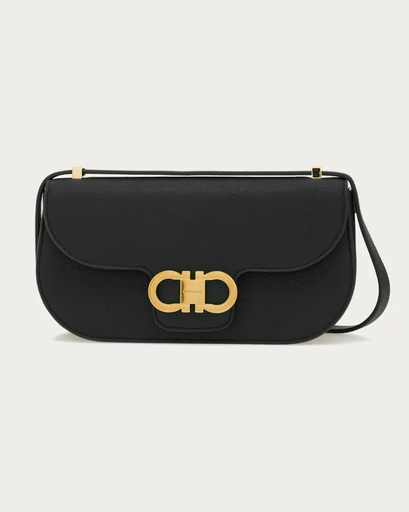 Ferragamo Damen East-West Umhängetasche Doppel-Gancini Schwarz Schwarz