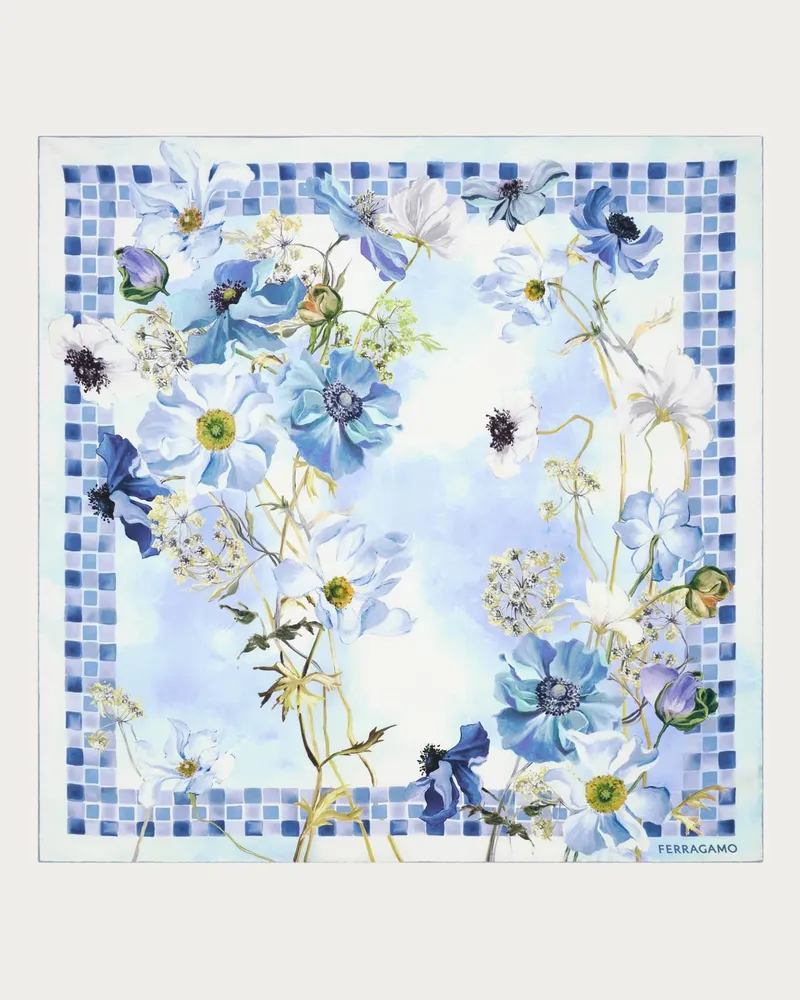 Ferragamo Damen Seidenhalstuch mit Blüten-Print Blau Blau