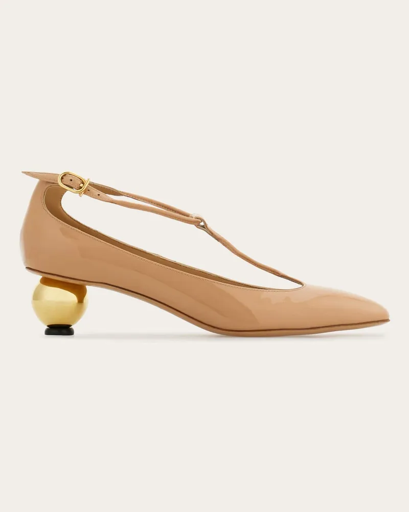 Ferragamo Damen T-Strap-Pumps mit Kugelabsatz Beige Größe Braun