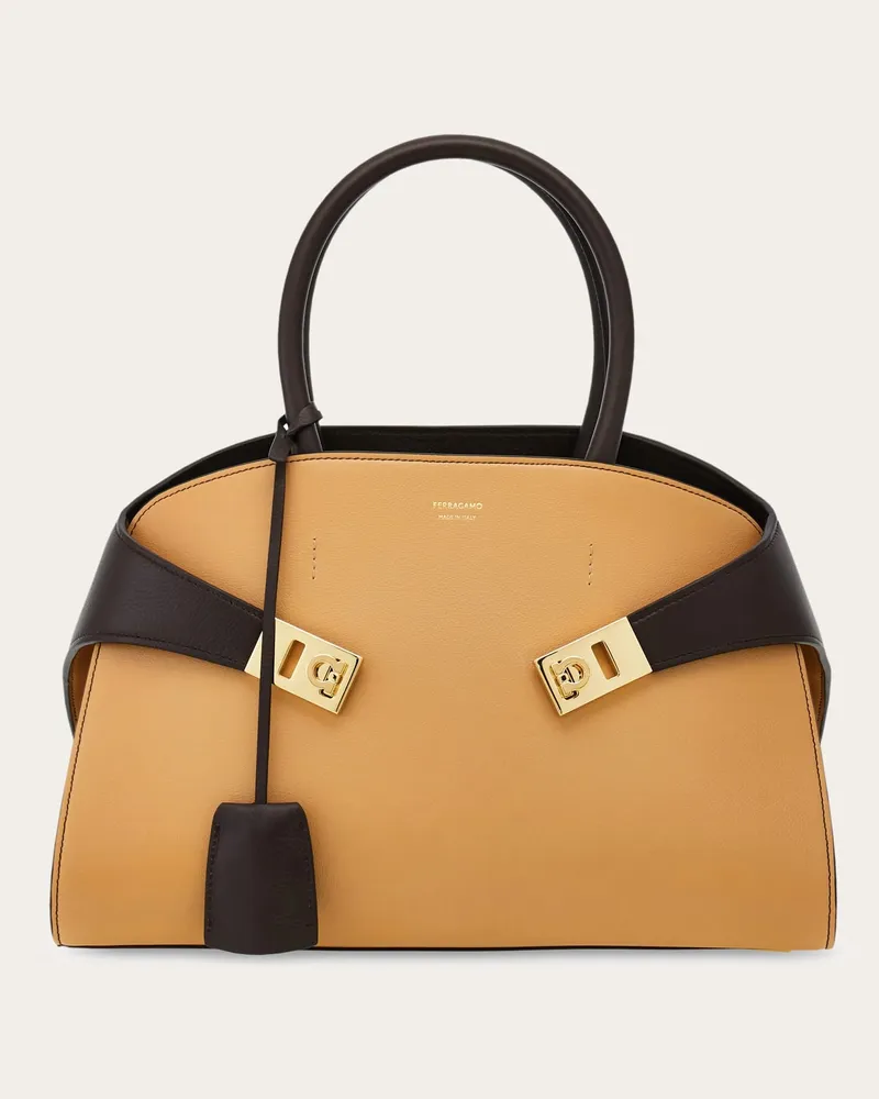 Ferragamo Damen Zweifarbige Handtasche Hug (M) Beige Braun