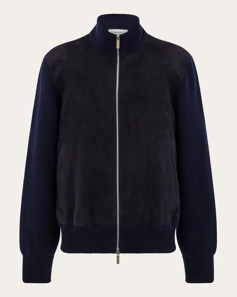 Ferragamo Herren Blouson aus Veloursleder und Maschenware Blau Blau